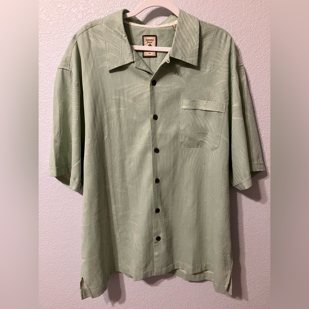 Jamaica Jaxx Light Green Button Down Palm Print Silk Shirt Short Sleeve Size XXL